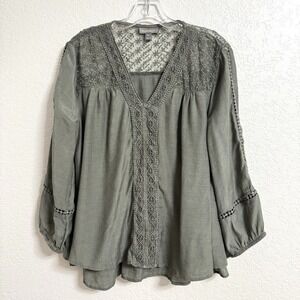 Style Co Blouse Womens M Green Embroidered Boho Peasant Top Cottagecore